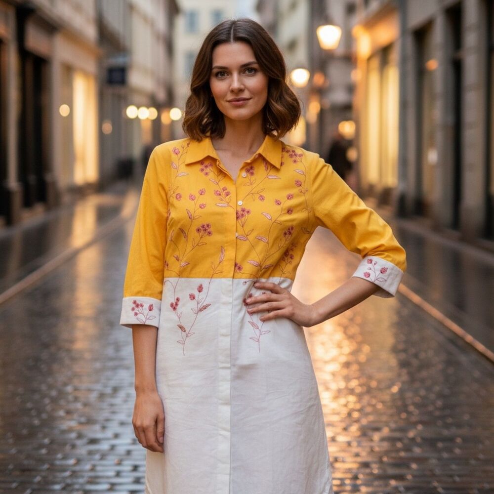 Anthropologie x Samant Chauhan Embroidered Shirt Dress Yellow White Cotton SP